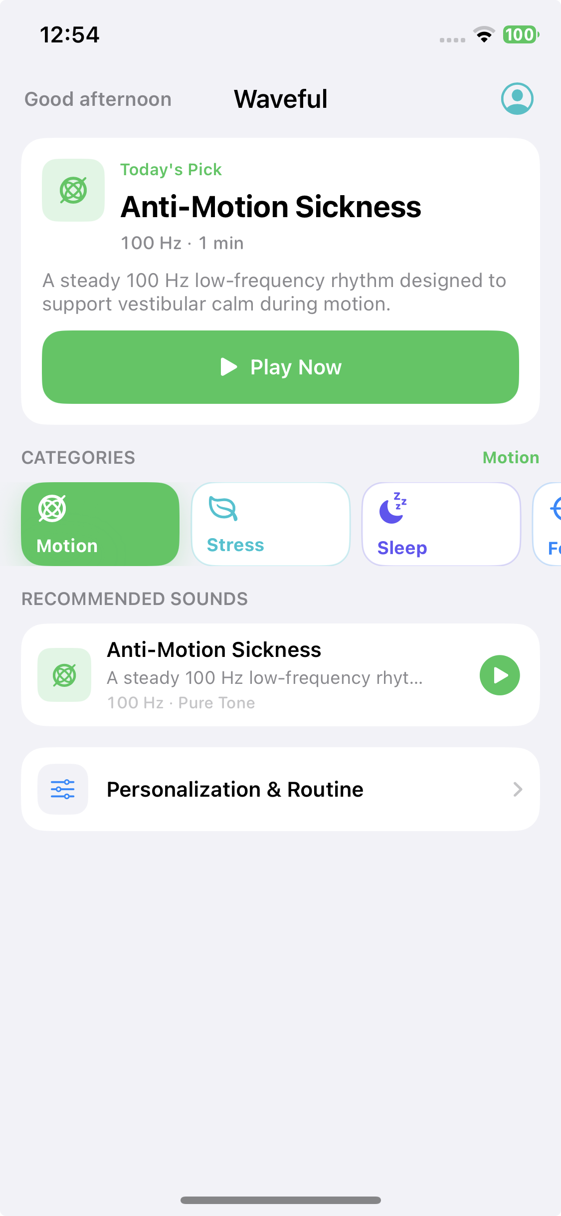 Waveful home screen showing anti-motion sickness sound category